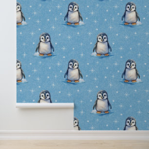 Watercolor Arctic Animals Penguin Stars on Blue Wallpaper