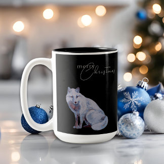 Watercolor Arctic Fox Merry Christmas Black Two-Tone Coffee Mug