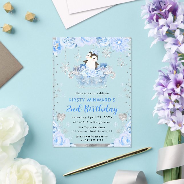 Watercolor Arctic Penguin Floral 2nd Birthday Acrylic Invitations (Insitu (Wedding))