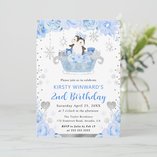 Watercolor Arctic Penguin Floral 2nd Birthday Invitation (Standing Front)