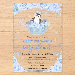 Watercolor Arctic Penguin Floral Baby Shower Acrylic Invitations