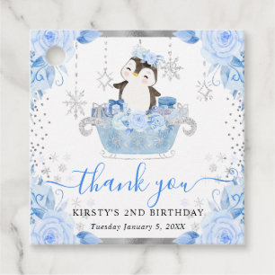 Watercolor Arctic Penguin Floral Kids Birthday Favour Tags