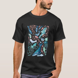 Watercolor Arctic Whales Fish Beluga Narwhal Squid T-Shirt