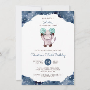 Watercolor Aries Zodiac First Birthday Invitation