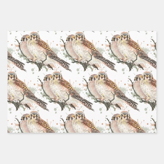Watercolor Art  Birding Kestrel Couple Wrapping Paper Sheet (Front 2)