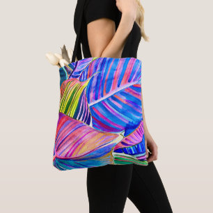 Watercolor art canna tropical leaves tote bag