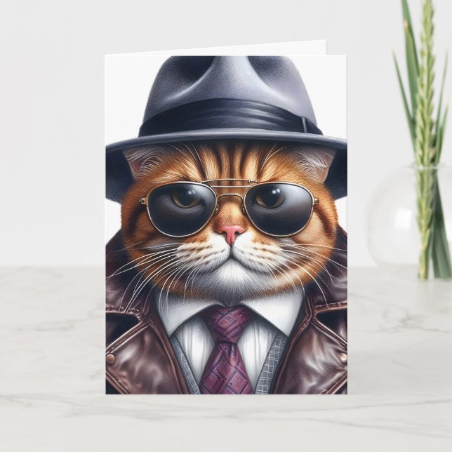 Watercolor Art Cat Suit Tie Jacket Hat Sunglasses Card (Front)