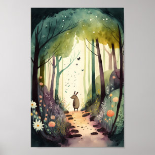 Watercolor art cute animal in magical forest poster