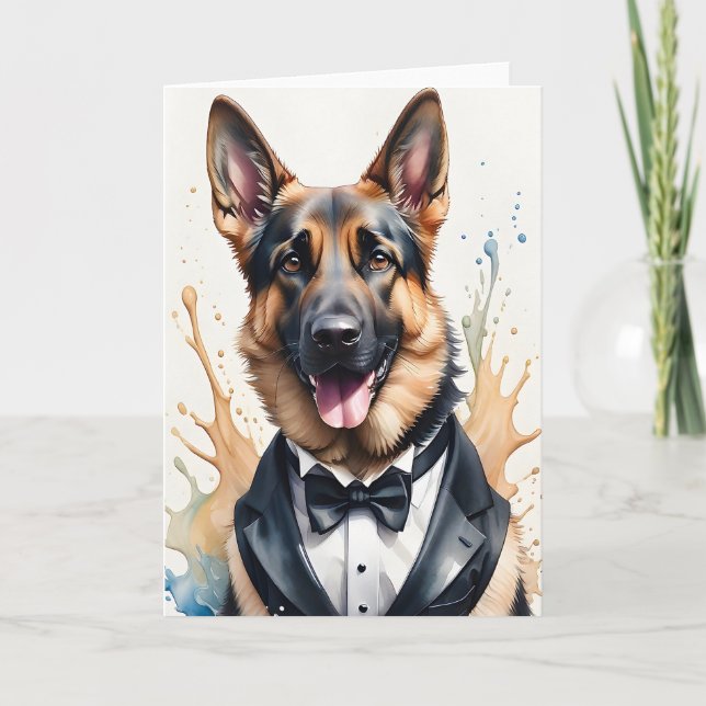 Watercolor Art German Shepherd Tuxedo Black Tie Card (Front)