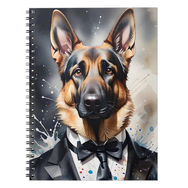 Watercolor Art German Shepherd Tuxedo Black Tie Notebook (Front)