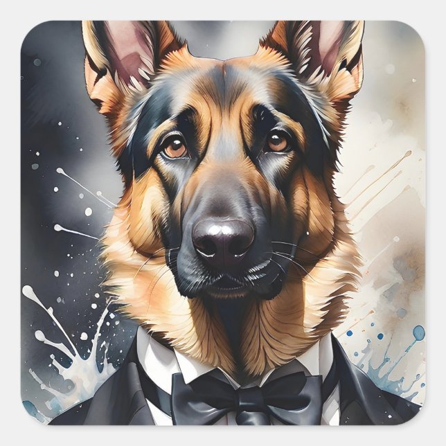 Watercolor Art German Shepherd Tuxedo Black Tie Square Sticker (Front)
