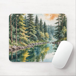 Watercolor Art of a River In a Forest Mouse Mat