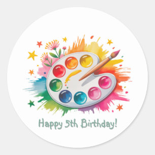Watercolor Art Palette Age Birthday Party Classic Round Sticker