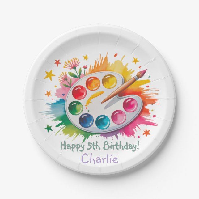 Watercolor Art Palette Age Birthday Party Paper Plate (Front)