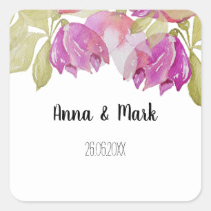 Watercolor Art Pink Flowers Monogrammed Square Sticker