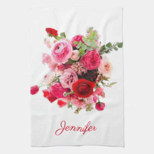 Watercolor Art Pink Red Roses Modern Personalised Tea Towel