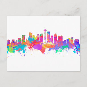 Watercolor art print of the skyline of Seattle USA Postcard