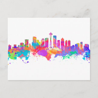 Watercolor art print of the skyline of Seattle USA Postcard