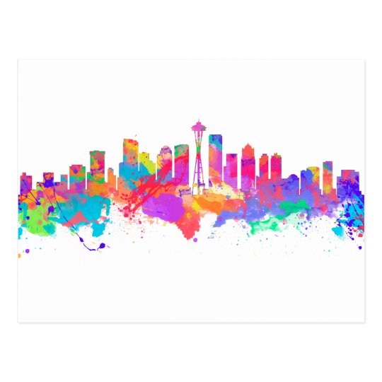 Watercolor art print of the skyline of Seattle USA Postcard