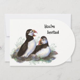 Watercolor art Puffin Bird Birthday Party Invitation