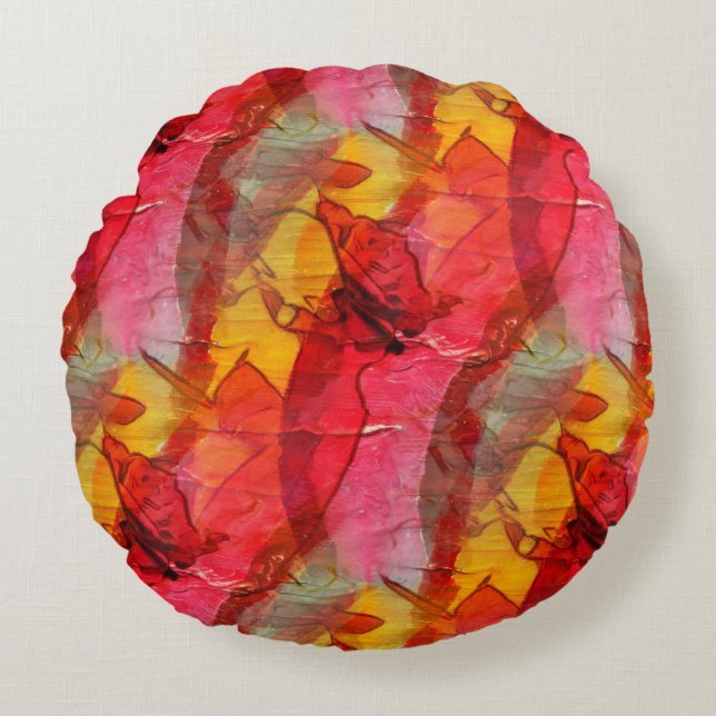 Watercolor art red yellow round cushion (Front)