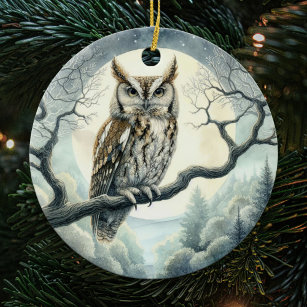Watercolor Art Screech Owl Ceramic Tree Decoration