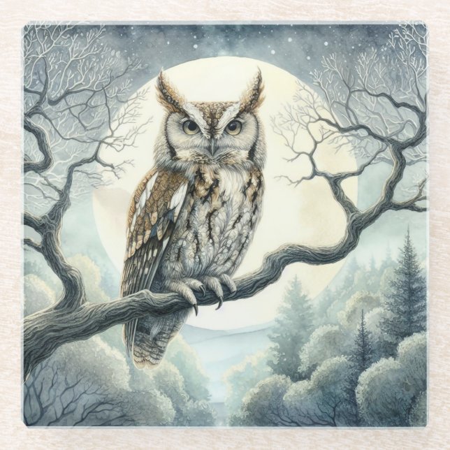 Watercolor Art Screech Owl Glass Coaster (Front)
