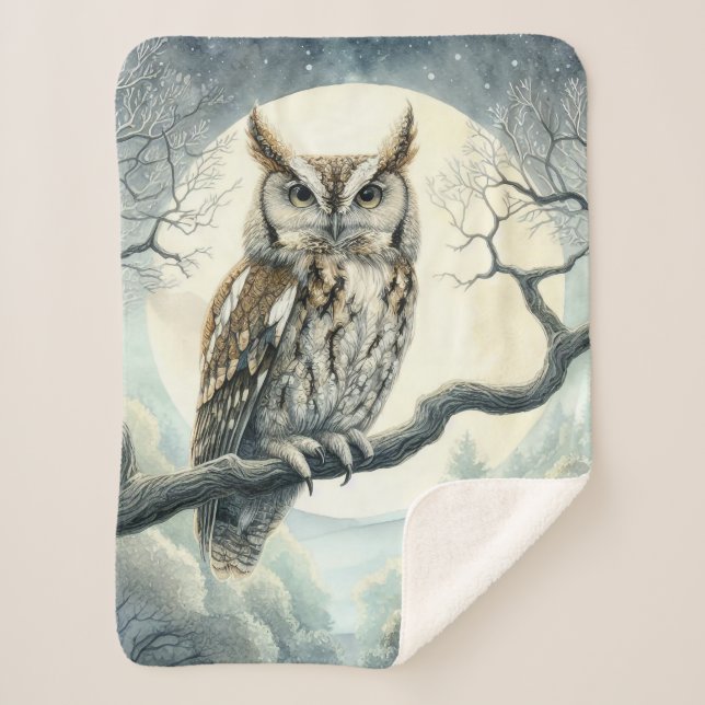 Watercolor Art Screech Owl Sherpa Blanket (Front)