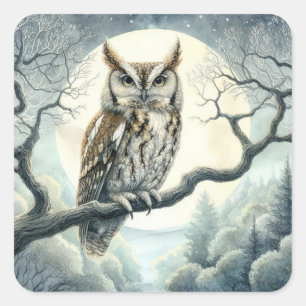 Watercolor Art Screech Owl Square Sticker