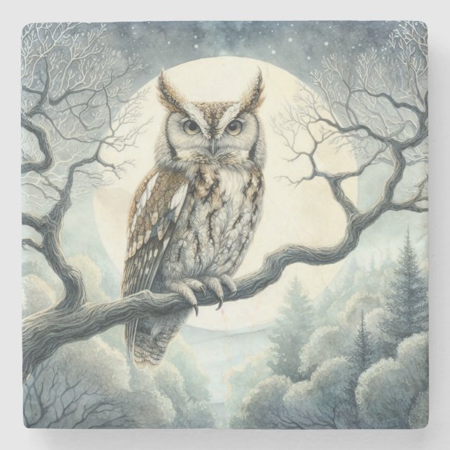 Watercolor Art Screech Owl Stone Coaster (Front)