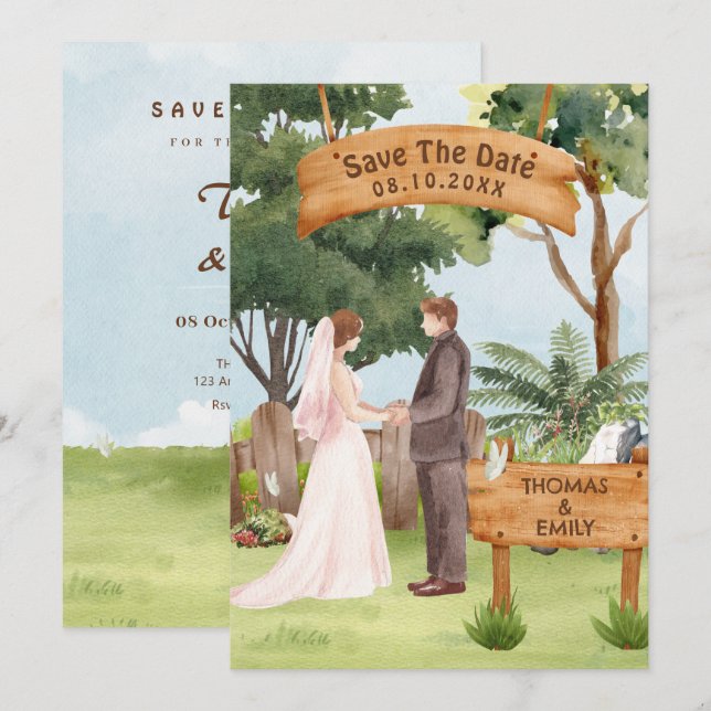 Watercolor art wedding  save the date (Front/Back)