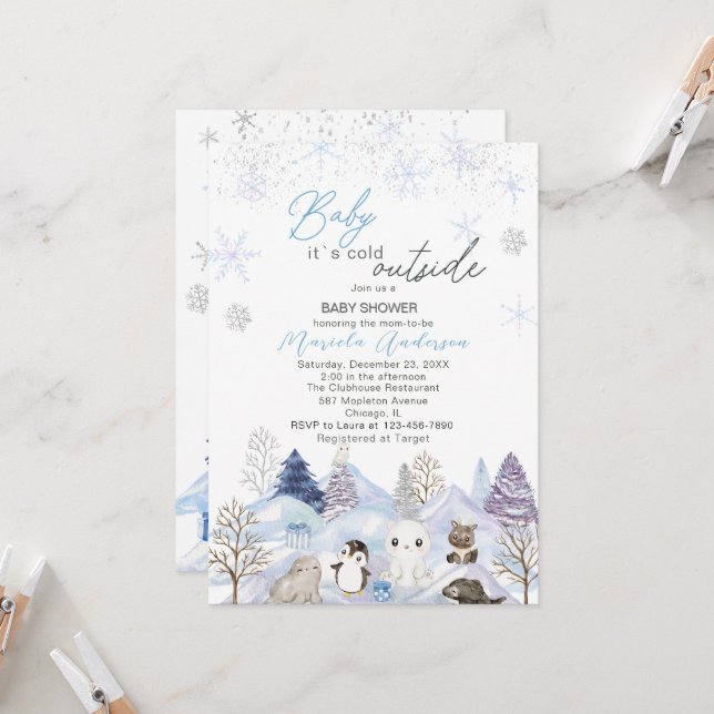 Watercolor Artic baby its cold outside Baby Shower Invitation (Front/Back In Situ)