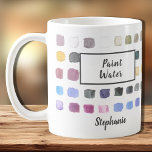 Watercolor Artist Name Monogram Paint Water Coffee Mug<br><div class="desc">This mug is decorated with a watercolor pattern of colour samples in soft muted shades of purple, grey ochre and green. The words Paint Water are added and a Not Paint Water version is also in my store. Perfect for an artist or someone who enjoys painting. Personalise it with your...</div>