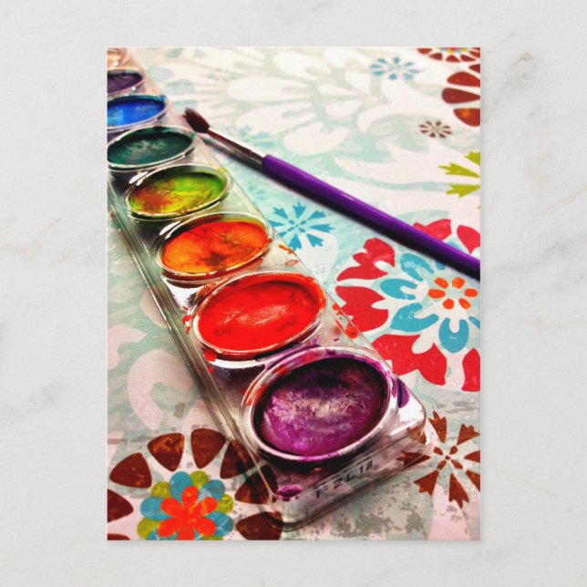 Watercolor Artist Paint Tray and Brush on Flowers Postcard (Front)