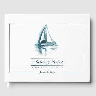Watercolor Artistic Blue on White Sailing Boat Guest Book
