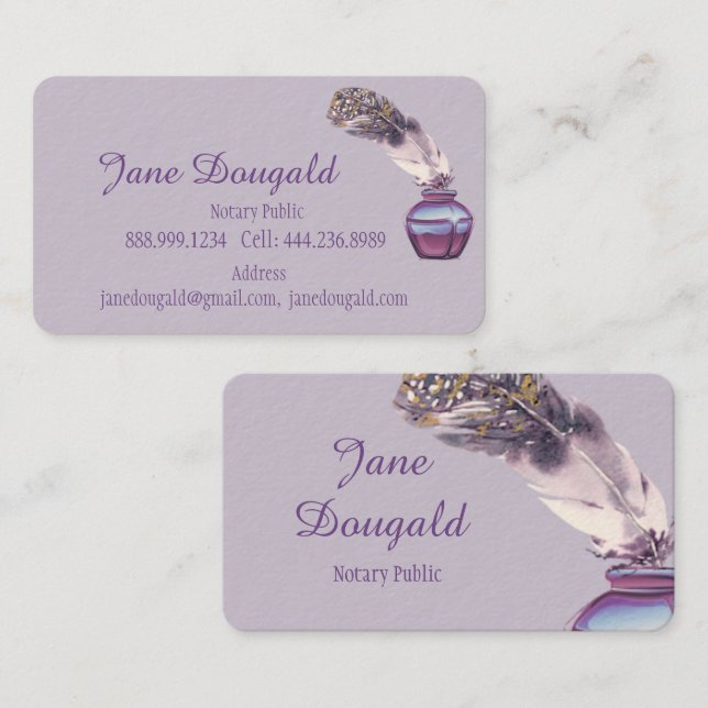 Watercolor Artistic Feather Pen Classic Notary Bus Business Card (Front/Back)