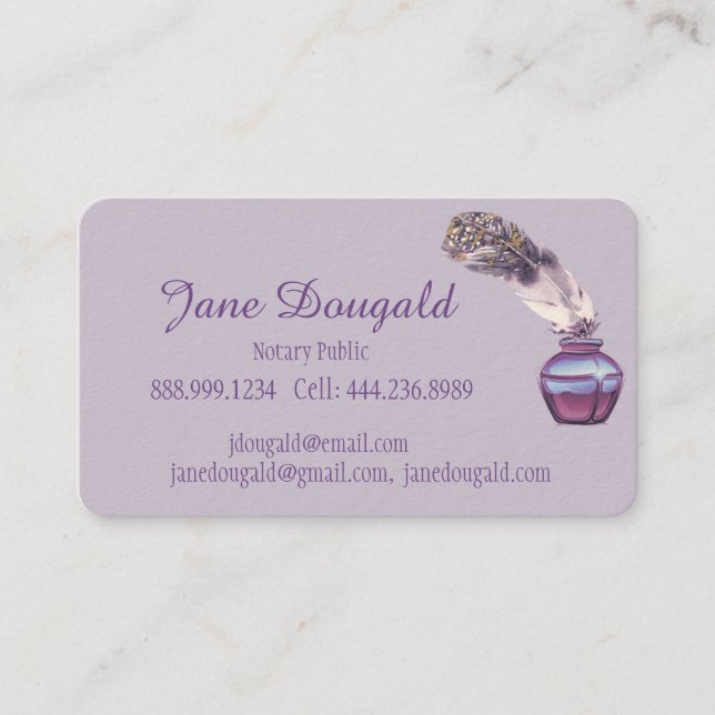 Watercolor Artistic Feather Pen Classic Notary Business Card (Front)