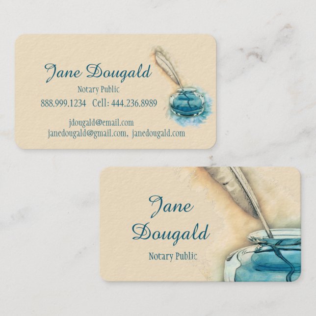 Watercolor Artistic  Feather Pen Classic Notary Business Card (Front/Back)