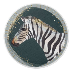 Watercolor Artistic Green Gold Natural Zebra Art Ceramic Knob