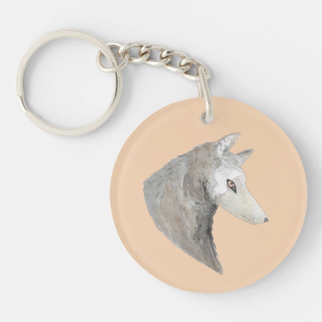 Watercolor Artistic Grey Wolf Key Ring (Front)