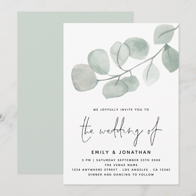 Watercolor Artsy Eucalyptus Script Wedding Invitation (Front/Back)