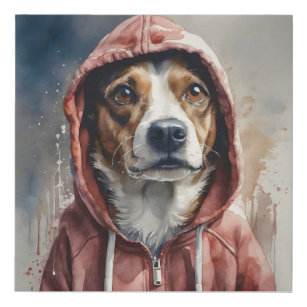Watercolor Artwork Brown and White Dog in Hoodie  Faux Canvas Print