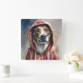 Watercolor Artwork Brown and White Dog in Hoodie  Square Wall Clock (Home)