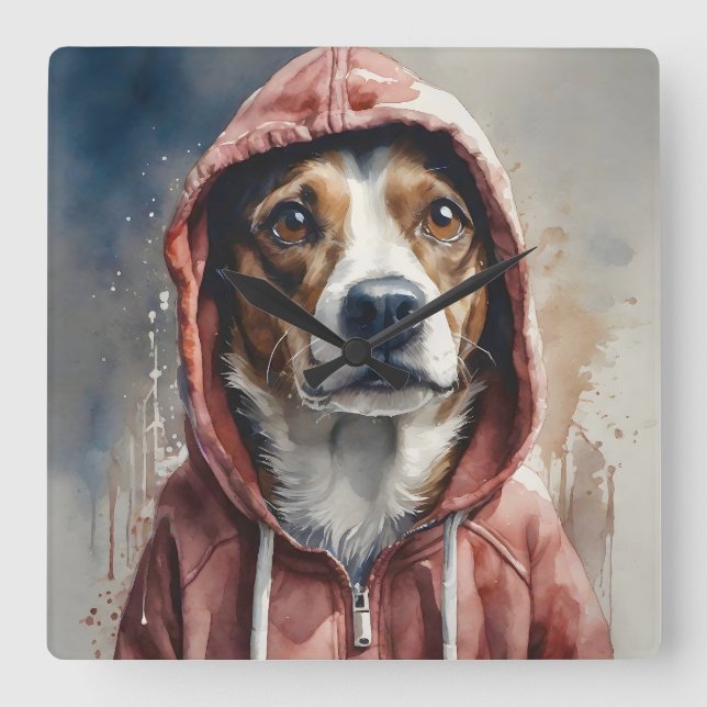 Watercolor Artwork Brown and White Dog in Hoodie  Square Wall Clock (Front)