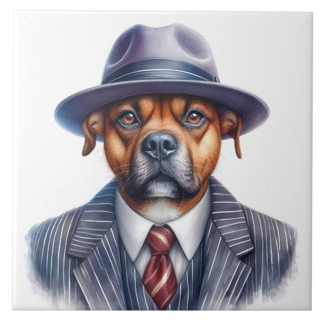 Watercolor Artwork Brown Dog Gangster Suit Tile (Front)