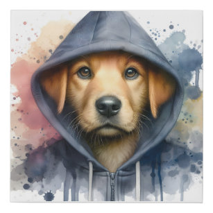 Watercolor Artwork Brown Dog in a Hoodie Splatter Faux Canvas Print