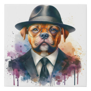 Watercolor Artwork Brown Dog in Suit Tie Splatter Faux Canvas Print