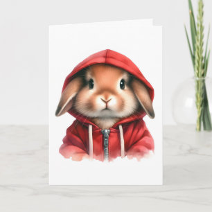 Watercolor Artwork Brown Rabbit in a Red Hoodie  Card