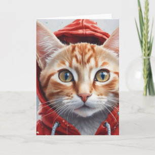 Watercolor Artwork Orange Tabby Cat in Red Hoodie Card