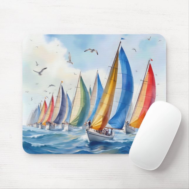 Watercolor Artwork Sailboat Regatta Mouse Mat (With Mouse)